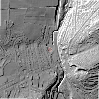 Shaded relief map of the ground around LS185NL, computed from Environment Agency LiDAR. The ground here sits at about 112 m above sea level and falls 60 m across the surrounding 800 m. Surface water reaching this point runs off ground lying to the west-south-west, 15.2 m higher.