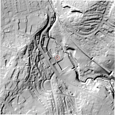 Shaded relief map of the ground around LS185PU, computed from Environment Agency LiDAR. The ground here sits at about 96 m above sea level and falls 61 m across the surrounding 800 m. Surface water reaching this point runs off ground lying to the west-south-west, 42.1 m higher.