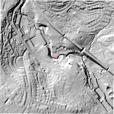 Shaded relief map of the ground around LS185TR, computed from Environment Agency LiDAR. The ground here sits at about 89 m above sea level and falls 57 m across the surrounding 800 m. Surface water reaching this point runs off ground lying to the south-west, 47.2 m higher.