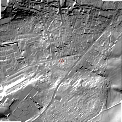 Shaded relief map of the ground around LS196AW, computed from Environment Agency LiDAR. The ground here sits at about 167 m above sea level and falls 59 m across the surrounding 800 m. Surface water reaching this point runs off ground lying to the north-east, 34.9 m higher.