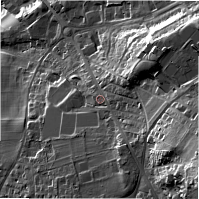 Shaded relief map of the ground around LS196DD, computed from Environment Agency LiDAR. The ground here sits at about 157 m above sea level and falls 72 m across the surrounding 800 m. Surface water reaching this point runs off ground lying to the south-east, 38.8 m higher.
