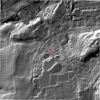 Shaded relief map of the ground around LS196DG, computed from Environment Agency LiDAR. The ground here sits at about 145 m above sea level and falls 60 m across the surrounding 800 m. Surface water reaching this point runs off ground lying to the south-east, 24.3 m higher.