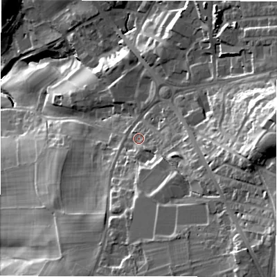 Shaded relief map of the ground around LS196DJ, computed from Environment Agency LiDAR. The ground here sits at about 143 m above sea level and falls 60 m across the surrounding 800 m. Surface water reaching this point runs off ground lying to the south-south-east, 12.0 m higher.