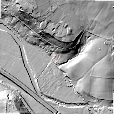 Shaded relief map of the ground around LS196LB, computed from Environment Agency LiDAR. The ground here sits at about 54 m above sea level and falls 69 m across the surrounding 800 m. Surface water reaching this point runs off ground lying to the north-north-east, 30.8 m higher.