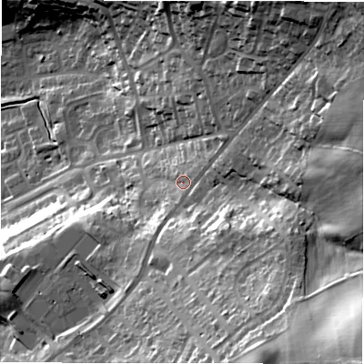 Shaded relief map of the ground around LS196NB, computed from Environment Agency LiDAR. The ground here sits at about 171 m above sea level and falls 62 m across the surrounding 800 m. Surface water reaching this point runs off ground lying to the south-east, 38.4 m higher.
