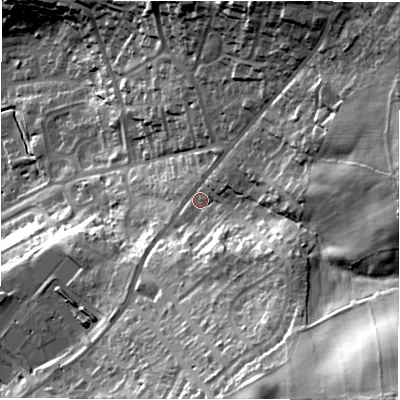 Shaded relief map of the ground around LS196ND, computed from Environment Agency LiDAR. The ground here sits at about 174 m above sea level and falls 63 m across the surrounding 800 m. Surface water reaching this point runs off ground lying to the south-east, 41.6 m higher.