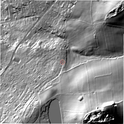 Shaded relief map of the ground around LS196NE, computed from Environment Agency LiDAR. The ground here sits at about 190 m above sea level and falls 75 m across the surrounding 800 m. Surface water reaching this point runs off ground lying to the south-south-east, 2.8 m higher.