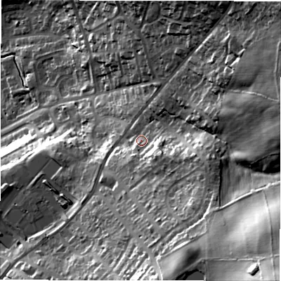 Shaded relief map of the ground around LS196NR, computed from Environment Agency LiDAR. The ground here sits at about 174 m above sea level and falls 70 m across the surrounding 800 m. Surface water reaching this point runs off ground lying to the south-east, 11.6 m higher.