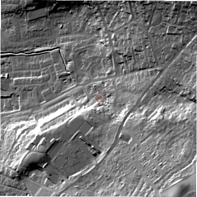 Shaded relief map of the ground around LS196RT, computed from Environment Agency LiDAR. The ground here sits at about 161 m above sea level and falls 55 m across the surrounding 800 m. Surface water reaching this point runs off ground lying to the south-south-east, 17.5 m higher.