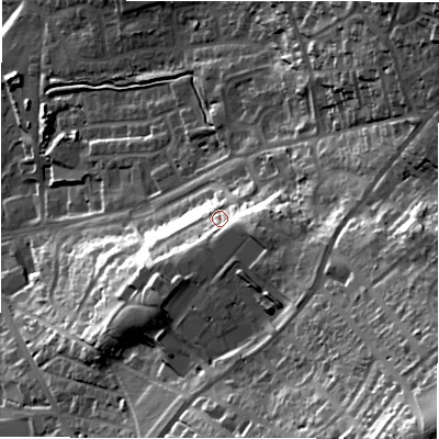 Shaded relief map of the ground around LS196RU, computed from Environment Agency LiDAR. The ground here sits at about 167 m above sea level and falls 62 m across the surrounding 800 m. Surface water reaching this point runs off ground lying to the south-east, 35.2 m higher.