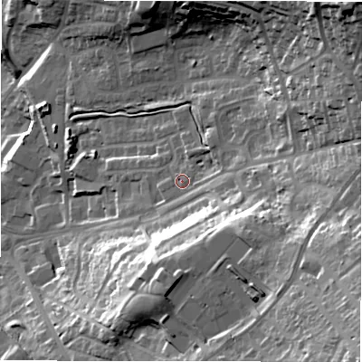Shaded relief map of the ground around LS197BX, computed from Environment Agency LiDAR. The ground here sits at about 154 m above sea level and falls 56 m across the surrounding 800 m. Surface water reaching this point runs off ground lying to the south-east, 24.4 m higher.