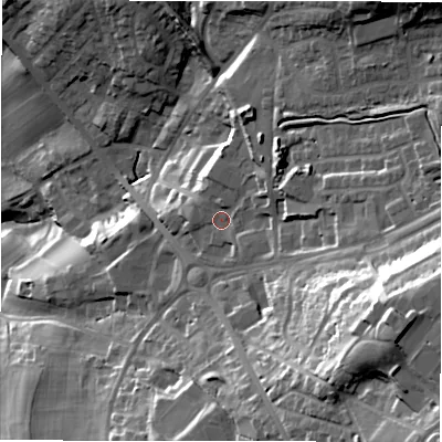 Shaded relief map of the ground around LS197BY, computed from Environment Agency LiDAR. The ground here sits at about 143 m above sea level and falls 57 m across the surrounding 800 m. Surface water reaching this point runs off ground lying to the east-south-east, 33.2 m higher.