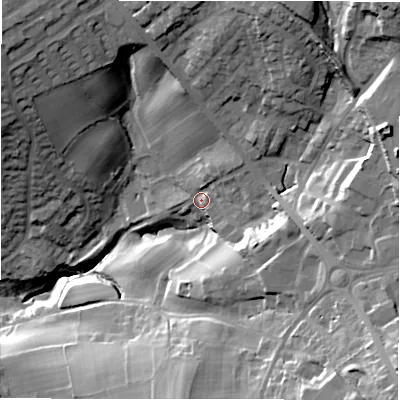 Shaded relief map of the ground around LS197DE, computed from Environment Agency LiDAR. The ground here sits at about 128 m above sea level and falls 50 m across the surrounding 800 m. Surface water reaching this point runs off ground lying to the north-east, 28.4 m higher.