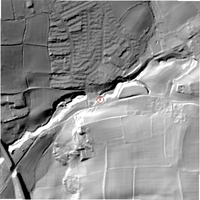 Shaded relief map of the ground around LS197DF, computed from Environment Agency LiDAR. The ground here sits at about 109 m above sea level and falls 73 m across the surrounding 800 m. Surface water reaching this point runs off ground lying to the south-east, 42.7 m higher.