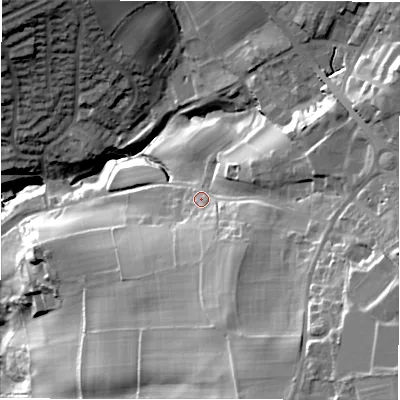 Shaded relief map of the ground around LS197DJ, computed from Environment Agency LiDAR. The ground here sits at about 128 m above sea level and falls 72 m across the surrounding 800 m. Surface water reaching this point runs off ground lying to the south-south-east, 9.8 m higher.
