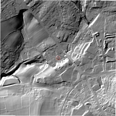 Shaded relief map of the ground around LS197DS, computed from Environment Agency LiDAR. The ground here sits at about 131 m above sea level and falls 57 m across the surrounding 800 m. Surface water reaching this point runs off ground lying to the south-east, 33.9 m higher.