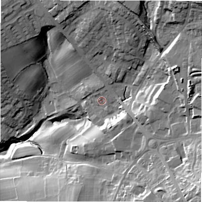 Shaded relief map of the ground around LS197DU, computed from Environment Agency LiDAR. The ground here sits at about 130 m above sea level and falls 54 m across the surrounding 800 m. Surface water reaching this point runs off ground lying to the north, 2.1 m higher.