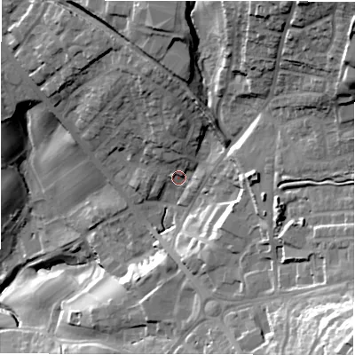Shaded relief map of the ground around LS197FB, computed from Environment Agency LiDAR. The ground here sits at about 134 m above sea level and falls 59 m across the surrounding 800 m. Surface water reaching this point runs off ground lying to the north-east, 37.3 m higher.