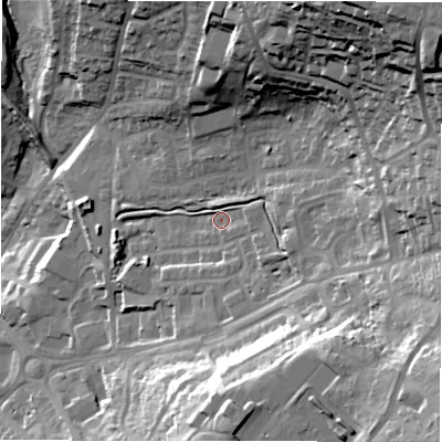 Shaded relief map of the ground around LS197FF, computed from Environment Agency LiDAR. The ground here sits at about 150 m above sea level and falls 64 m across the surrounding 800 m. Surface water reaching this point runs off ground lying to the south-east, 28.1 m higher.