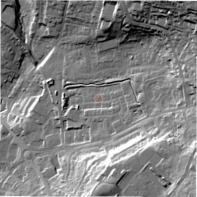 Shaded relief map of the ground around LS197FG, computed from Environment Agency LiDAR. The ground here sits at about 150 m above sea level and falls 64 m across the surrounding 800 m. Surface water reaching this point runs off ground lying to the south-east, 4.2 m higher.