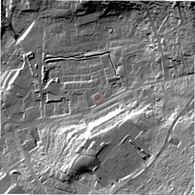 Shaded relief map of the ground around LS197FU, computed from Environment Agency LiDAR. The ground here sits at about 154 m above sea level and falls 56 m across the surrounding 800 m. Surface water reaching this point runs off ground lying to the east-south-east, 24.4 m higher.