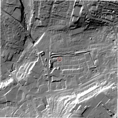 Shaded relief map of the ground around LS197GD, computed from Environment Agency LiDAR. The ground here sits at about 147 m above sea level and falls 63 m across the surrounding 800 m. Surface water reaching this point runs off ground lying to the south-east, 28.6 m higher.