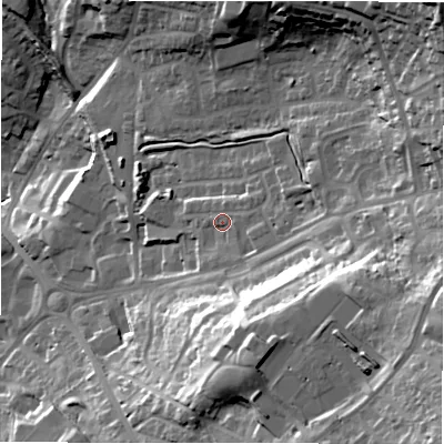 Shaded relief map of the ground around LS197GL, computed from Environment Agency LiDAR. The ground here sits at about 152 m above sea level and falls 55 m across the surrounding 800 m. Surface water reaching this point runs off ground lying to the east-south-east, 3.2 m higher.