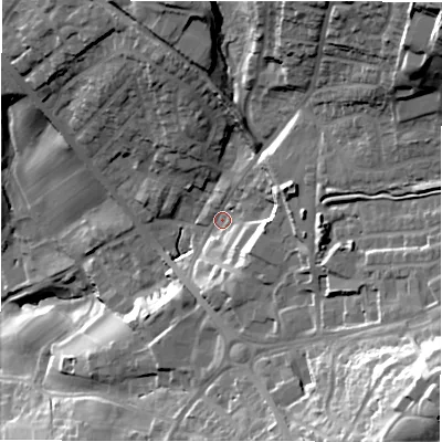 Shaded relief map of the ground around LS197RZ, computed from Environment Agency LiDAR. The ground here sits at about 134 m above sea level and falls 57 m across the surrounding 800 m. Surface water reaching this point runs off ground lying to the east, 19.0 m higher.