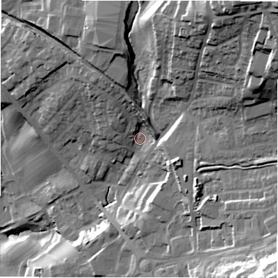 Shaded relief map of the ground around LS197SA, computed from Environment Agency LiDAR. The ground here sits at about 137 m above sea level and falls 62 m across the surrounding 800 m. Surface water reaching this point runs off ground lying to the north-east, 44.0 m higher.