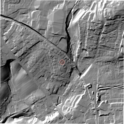 Shaded relief map of the ground around LS197SB, computed from Environment Agency LiDAR. The ground here sits at about 144 m above sea level and falls 65 m across the surrounding 800 m. Surface water reaching this point runs off ground lying to the north-north-west, 4.3 m higher.
