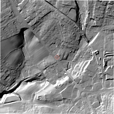 Shaded relief map of the ground around LS197SE, computed from Environment Agency LiDAR. The ground here sits at about 133 m above sea level and falls 58 m across the surrounding 800 m. Surface water reaching this point runs off ground lying to the north-north-east, 15.2 m higher.