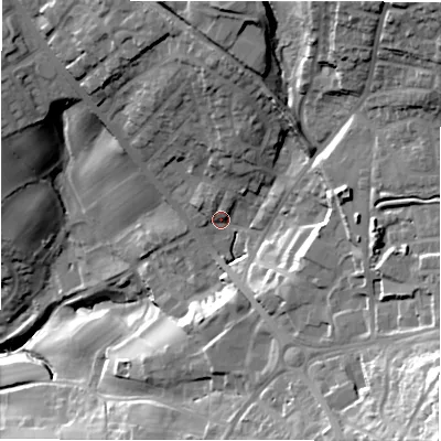 Shaded relief map of the ground around LS197SF, computed from Environment Agency LiDAR. The ground here sits at about 133 m above sea level and falls 57 m across the surrounding 800 m. Surface water reaching this point runs off ground lying to the north-east, 35.0 m higher.