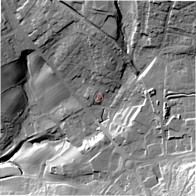 Shaded relief map of the ground around LS197SG, computed from Environment Agency LiDAR. The ground here sits at about 134 m above sea level and falls 56 m across the surrounding 800 m. Surface water reaching this point runs off ground lying to the north-north-east, 10.0 m higher.
