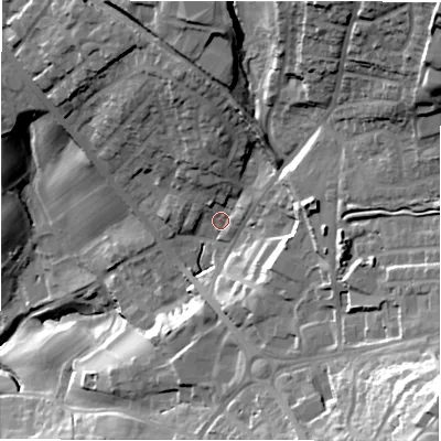 Shaded relief map of the ground around LS197SQ, computed from Environment Agency LiDAR. The ground here sits at about 134 m above sea level and falls 60 m across the surrounding 800 m. Surface water reaching this point runs off ground lying to the north-east, 38.3 m higher.
