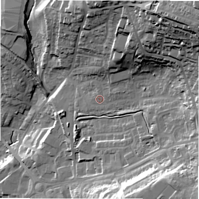 Shaded relief map of the ground around LS197TP, computed from Environment Agency LiDAR. The ground here sits at about 149 m above sea level and falls 66 m across the surrounding 800 m. Surface water reaching this point runs off ground lying to the north-east, 46.8 m higher.