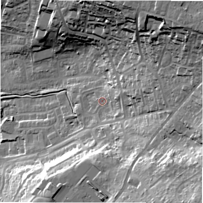Shaded relief map of the ground around LS197YB, computed from Environment Agency LiDAR. The ground here sits at about 158 m above sea level and falls 55 m across the surrounding 800 m. Surface water reaching this point runs off ground lying to the east-north-east, 9.6 m higher.