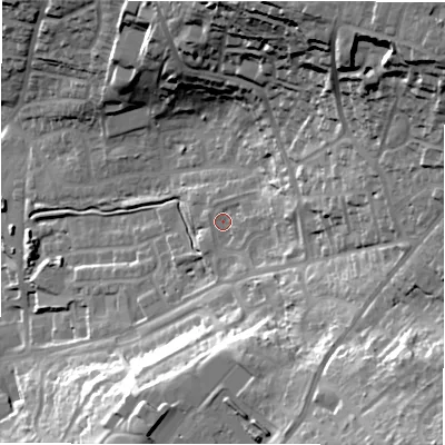 Shaded relief map of the ground around LS197YS, computed from Environment Agency LiDAR. The ground here sits at about 156 m above sea level and falls 57 m across the surrounding 800 m. Surface water reaching this point runs off ground lying to the east-north-east, 11.4 m higher.