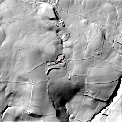 Shaded relief map of the ground around LS208PH, computed from Environment Agency LiDAR. The ground here sits at about 205 m above sea level and falls 77 m across the surrounding 800 m. Surface water reaching this point runs off ground lying to the north-west, 8.8 m higher.