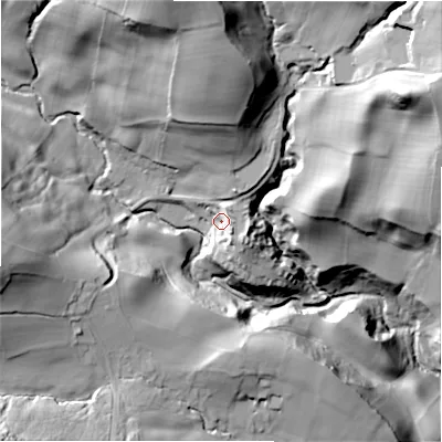 Shaded relief map of the ground around LS208PQ, computed from Environment Agency LiDAR. The ground here sits at about 136 m above sea level and falls 69 m across the surrounding 800 m. Surface water reaching this point runs off ground lying to the east-south-east, 11.5 m higher.