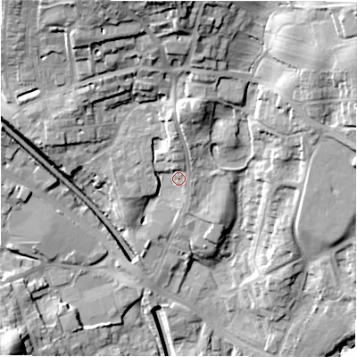 Shaded relief map of the ground around LS209BB, computed from Environment Agency LiDAR. The ground here sits at about 134 m above sea level and falls 34 m across the surrounding 800 m. Surface water reaching this point runs off ground lying to the north, 5.9 m higher.