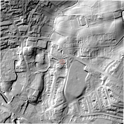 Shaded relief map of the ground around LS209BE, computed from Environment Agency LiDAR. The ground here sits at about 141 m above sea level and falls 42 m across the surrounding 800 m. Surface water reaching this point runs off ground lying to the north, 4.4 m higher.