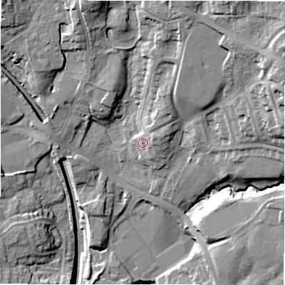 Shaded relief map of the ground around LS209BJ, computed from Environment Agency LiDAR. The ground here sits at about 131 m above sea level and falls 34 m across the surrounding 800 m. Surface water reaching this point runs off ground lying to the east-north-east, 4.7 m higher.