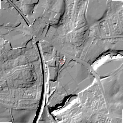 Shaded relief map of the ground around LS209BP, computed from Environment Agency LiDAR. The ground here sits at about 125 m above sea level and falls 34 m across the surrounding 800 m. Surface water reaching this point runs off ground lying to the north-east, 21.7 m higher.