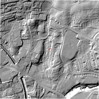 Shaded relief map of the ground around LS209BQ, computed from Environment Agency LiDAR. The ground here sits at about 133 m above sea level and falls 37 m across the surrounding 800 m. Surface water reaching this point runs off ground lying to the north-east, 6.7 m higher.
