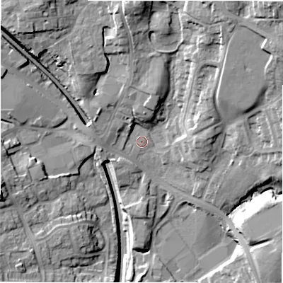 Shaded relief map of the ground around LS209BR, computed from Environment Agency LiDAR. The ground here sits at about 127 m above sea level and falls 32 m across the surrounding 800 m. Surface water reaching this point runs off ground lying to the north-north-east, 17.2 m higher.