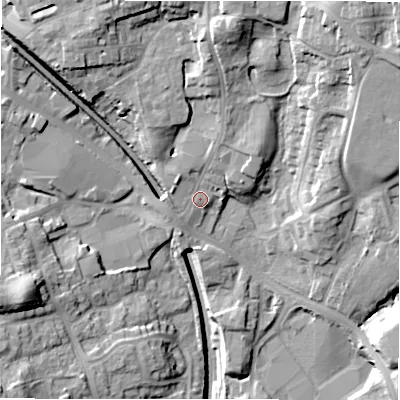 Shaded relief map of the ground around LS209BT, computed from Environment Agency LiDAR. The ground here sits at about 130 m above sea level and falls 30 m across the surrounding 800 m. Surface water reaching this point runs off ground lying to the north-north-east, 4.8 m higher.