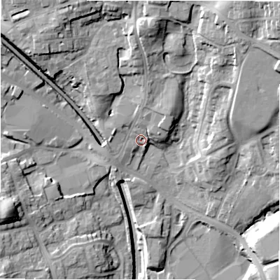 Shaded relief map of the ground around LS209BU, computed from Environment Agency LiDAR. The ground here sits at about 130 m above sea level and falls 32 m across the surrounding 800 m. Surface water reaching this point runs off ground lying to the north-east, 14.4 m higher.
