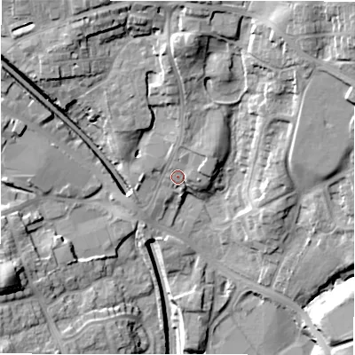 Shaded relief map of the ground around LS209HX, computed from Environment Agency LiDAR. The ground here sits at about 131 m above sea level and falls 32 m across the surrounding 800 m. Surface water reaching this point runs off ground lying to the north-east, 14.4 m higher.