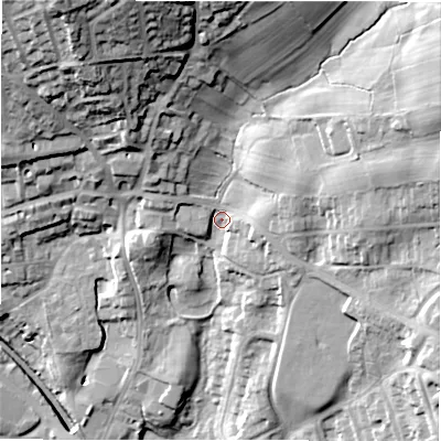 Shaded relief map of the ground around LS209JE, computed from Environment Agency LiDAR. The ground here sits at about 139 m above sea level and falls 47 m across the surrounding 800 m. Surface water reaching this point runs off ground lying to the north-west, 32.4 m higher.