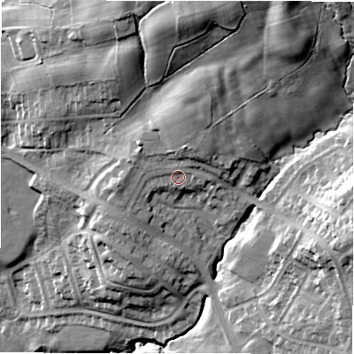 Shaded relief map of the ground around LS209JS, computed from Environment Agency LiDAR. The ground here sits at about 150 m above sea level and falls 37 m across the surrounding 800 m. Surface water reaching this point runs off ground lying to the north-north-east, 5.8 m higher.